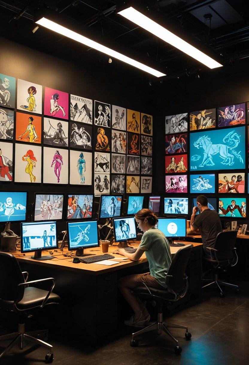 A dynamic behind-the-scenes shot of a diverse team of animators and filmmakers working on animated erotica, showcasing storyboards, digital tablets, and playful character designs in a brightly lit studio. Include intriguing elements reflecting the adult industry's evolution, such as vintage film reels and modern digital screens. Capture the balance of creativity and professionalism in this unique filmmaking process. super-realistic. vibrant colors. 3D.